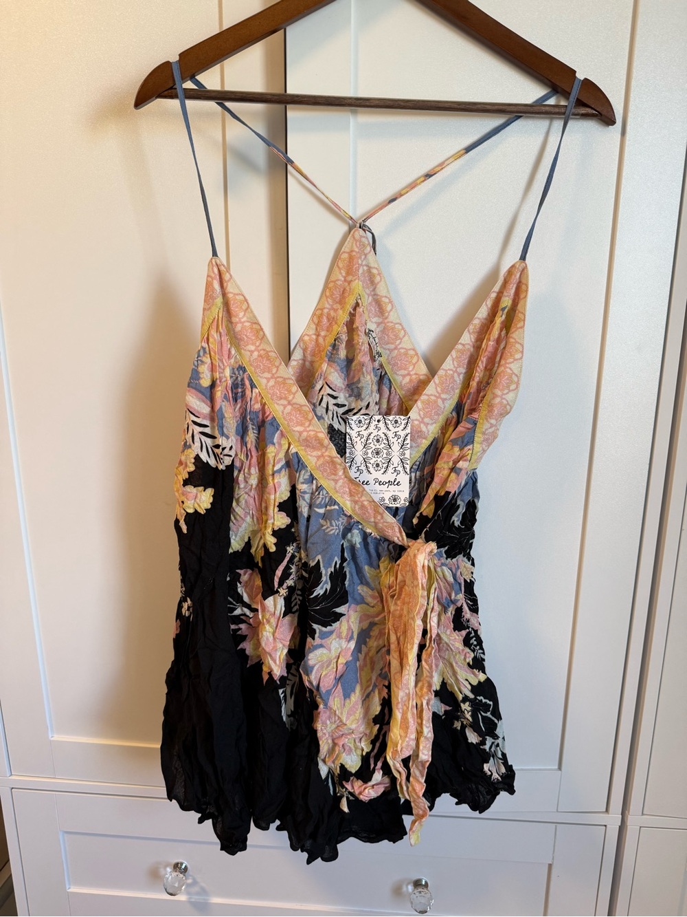 Free People Black Floral Tie-Front Strappy Mini Dress with Pastel Accents